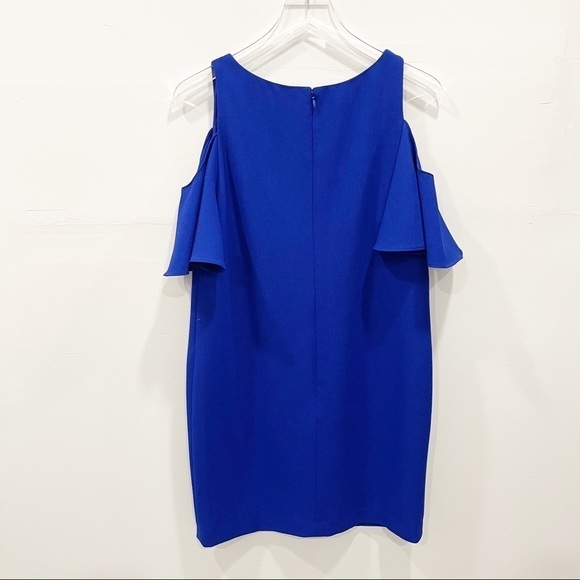 Cynthia Rowley Cold Shoulder Ruffle Blue Shift Dress Size 10 Evening - Picture 2 of 7